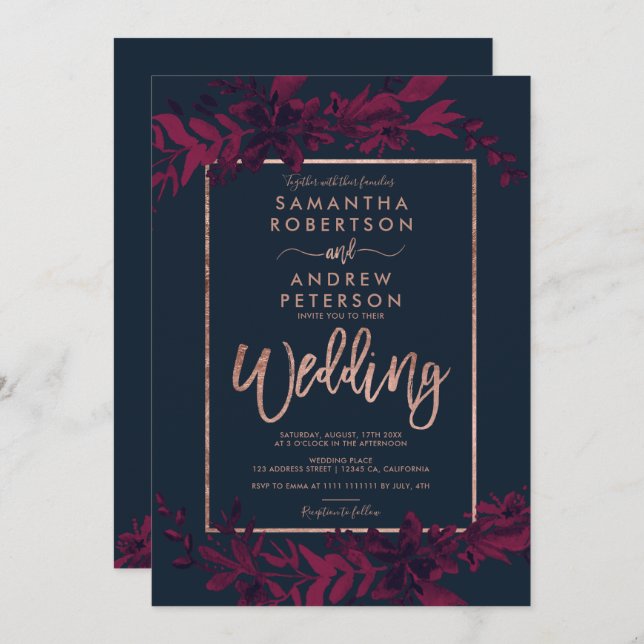 Rose gold typography Floral navy red wedding Invitation (Front/Back)