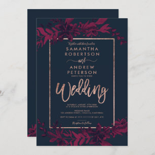Rose gold typography Floral navy red wedding Invitation