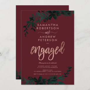 Rose gold typography Floral red engagement party Invitation