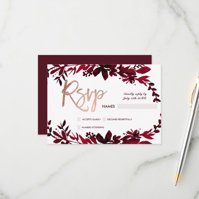 Rose gold typography Floral red  rsvp wedding (Front/Back In Situ)