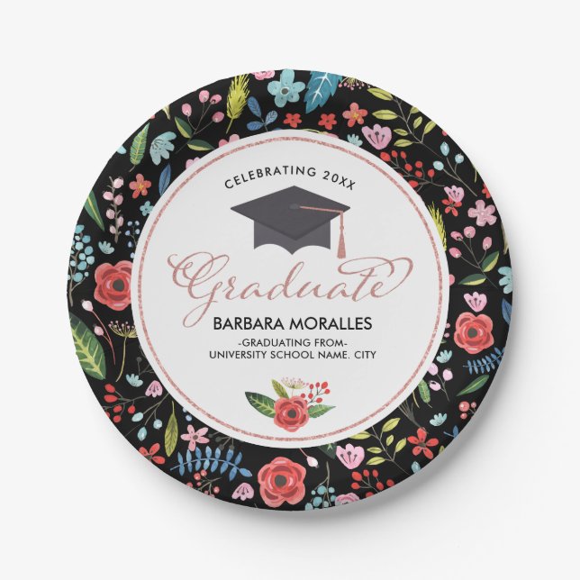 Rose-gold Typography Graduate-Colourful Flowers Paper Plate (Front)