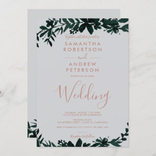 Rose gold typography green Floral grey wedding Invitation