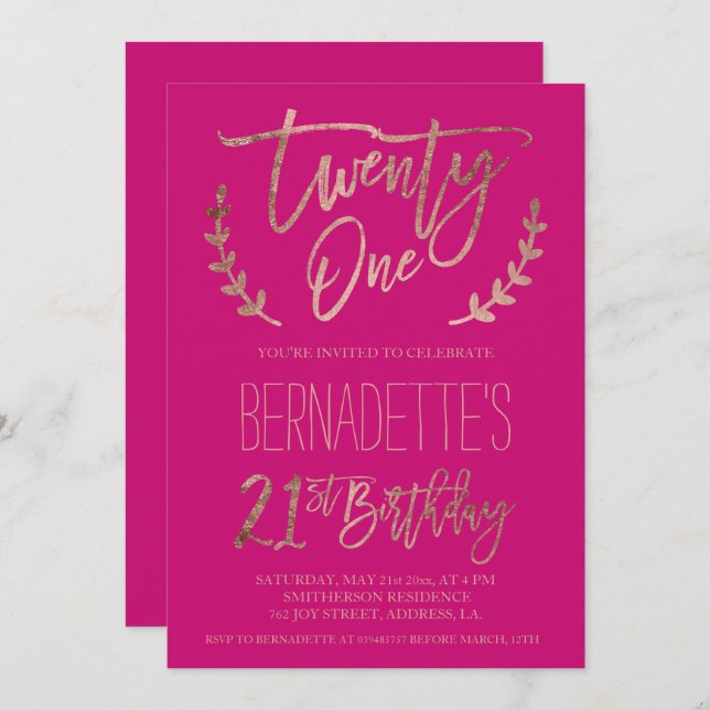 Rose gold typography neon pink 21st Birthday Invitation (Front/Back)