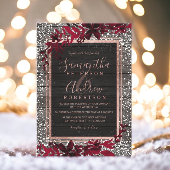 Rose gold typography red leaf snow wood wedding invitation (Rose gold typography red leaf snow wood wedding invitation)