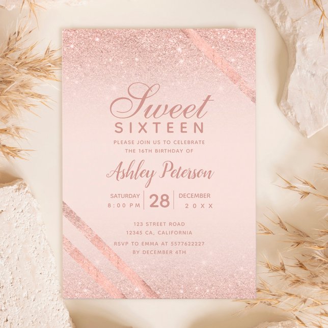 Rose gold typography stripe glitter blush Sweet 16 Invitation (Creator Uploaded)