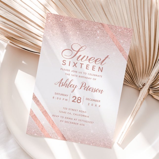 Rose gold typography stripe glitter white Sweet 16 Invitation (Creator Uploaded)