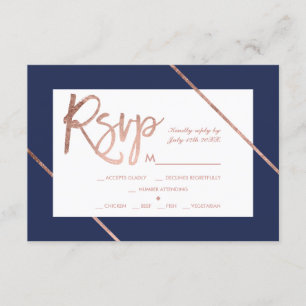 Rose gold typography stripe navy blue rsvp wedding card