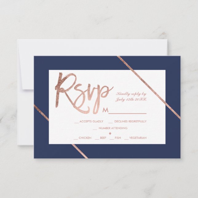 Rose gold typography stripe navy blue rsvp wedding card (Front)