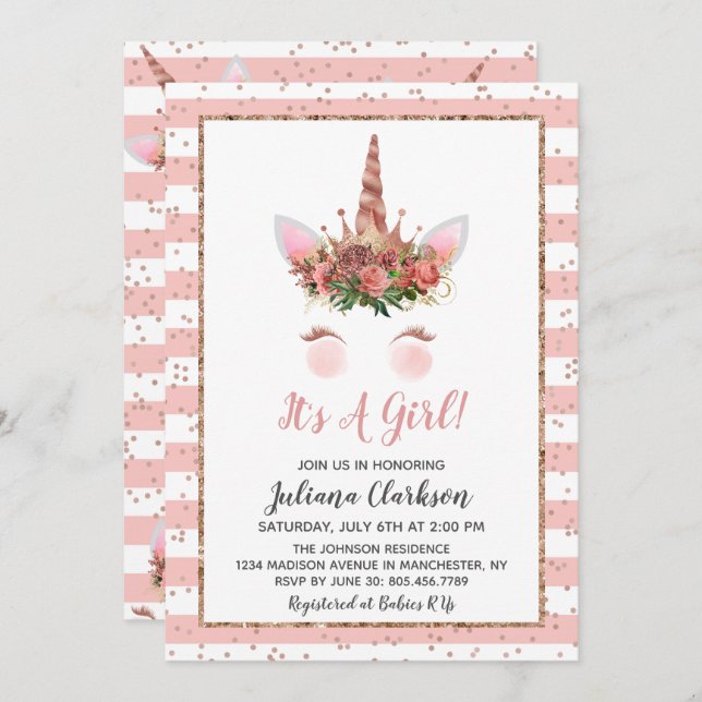 Rose Gold Unicorn Princess Baby Shower Invitation (Front/Back)