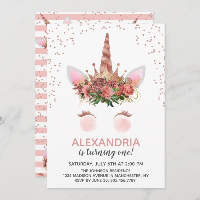 Rose Gold Unicorn Princess Birthday Invitation (Front/Back)