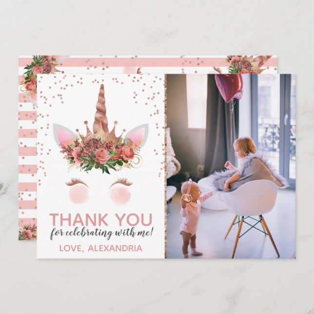 Rose Gold Unicorn Princess Thank You Invitation (Front/Back)