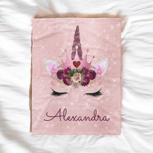 Rose Gold Unicorn Sparkle Princess Monogram Name Fleece Blanket