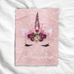 Rose Gold Unicorn Sparkle Princess Monogram Name Fleece Blanket