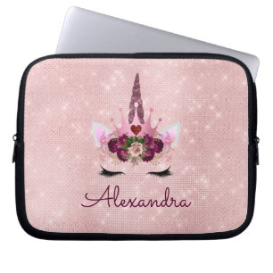 Rose Gold Unicorn Sparkle Princess Monogram Name Laptop Sleeve