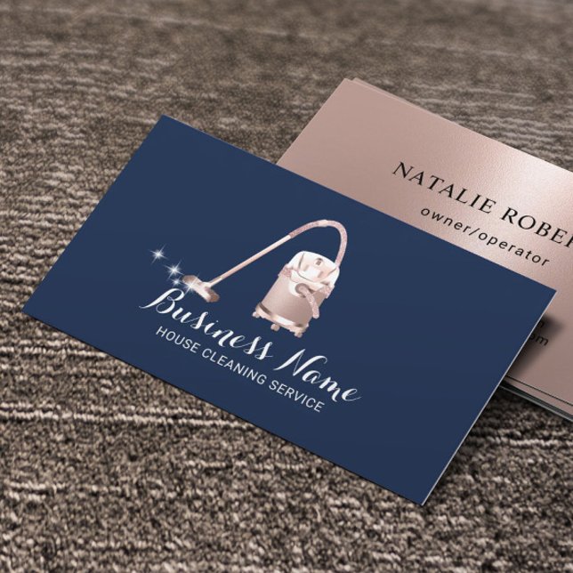 Rose Gold Vacuum Cleaner Navy Cleaning Service Business Card (Creator Uploaded)