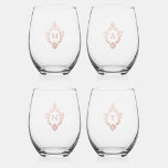 Rose Gold Vintage Crests 4 Pink Monogram Initials Stemless Wine Glass<br><div class="desc">A set of 4 glasses,  each of them personalised by different pink monogram initials,  each of them in a similar rose gold vintage crest.

Can be used as bridesmaid gifts,  each personalised with the bridesmaid's initial.</div>