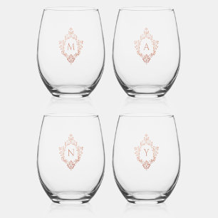 Rose Gold Vintage Crests 4 Pink Monogram Initials Stemless Wine Glass