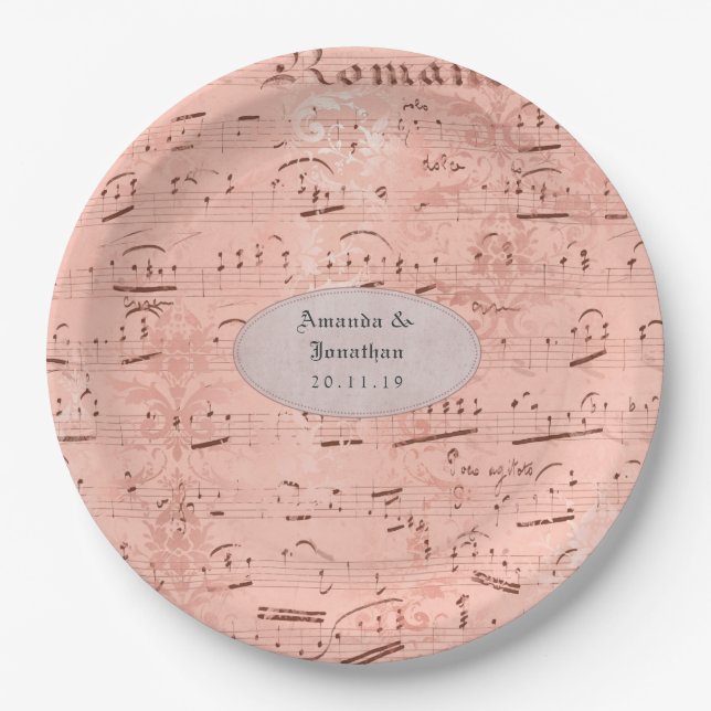 Rose Gold Vintage Music Wedding Paper Plate (Front)