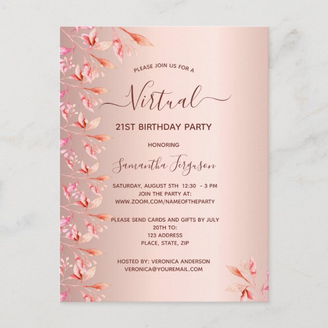 Rose gold virtual birthday party fall invitations (Front)