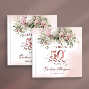 Rose Gold Watercolor Blush 50th Birthday Guest  Book