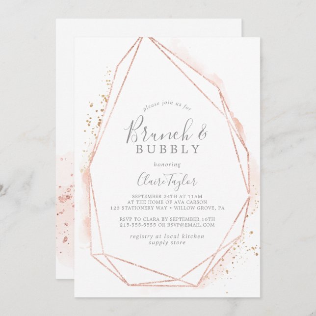 Rose Gold Watercolor Brunch & Bubbly Bridal Shower Invitation (Front/Back)