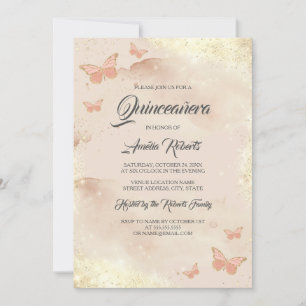 Rose Gold Watercolor Butterfly Dress Quinceanera Invitation