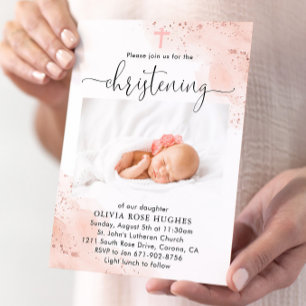 Rose Gold Watercolor Christening Baptism Invitation
