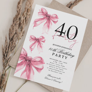Rose Gold Watercolor Coquette Bow 40th Birthday Invitation