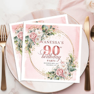 Rose Gold Watercolor Flowers 90th Birthday Party  Napkin