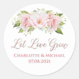 Rose Gold Watercolor Flowers Let Love Grow Wedding Classic Round Sticker