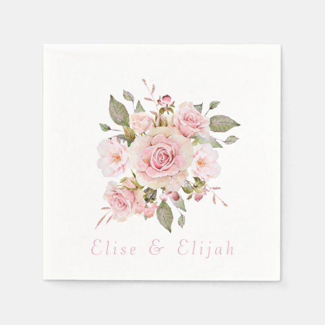 Rose Gold Watercolor Flowers Wedding Napkin (Front)
