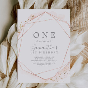 Rose Gold Watercolor Geometric 1st Birthday Party Invitation