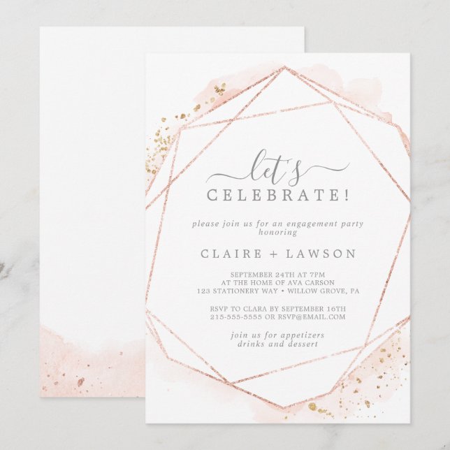 Rose Gold Watercolor Geometric Let's Celebrate Invitation (Front/Back)