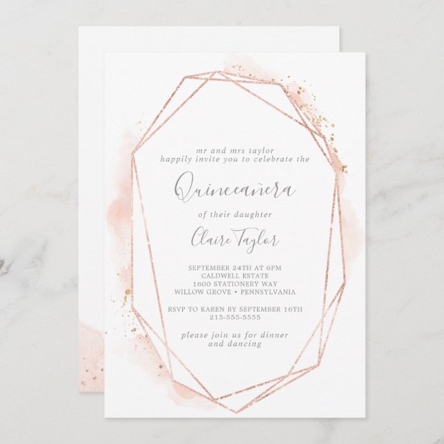 Rose Gold Watercolor Geometric Quinceañera Invitation (Front/Back)