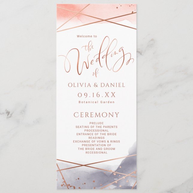 Rose Gold Watercolor Geometric Wedding Program (Front)