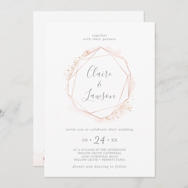 Rose Gold Watercolor Geometric Wreath Wedding Invitation (Front/Back)