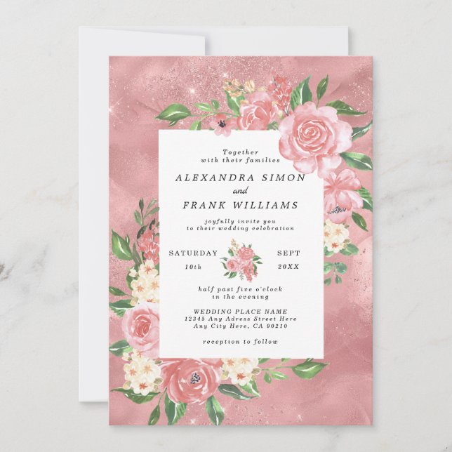 Rose Gold Watercolor Pink Botanical Floral Wedding Invitation (Front)