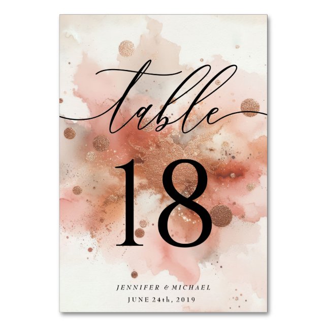 Rose Gold Watercolor Pink Wedding table Table Number (Front)