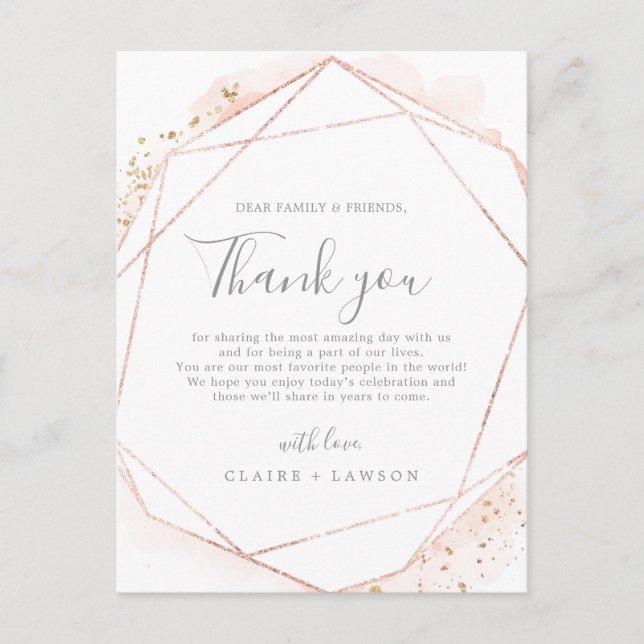 Rose Gold Watercolor Thank You Reception Card (Front)