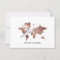 Rose gold watercolor world map wedding details