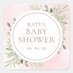 Rose Gold Watercolour Greenery Baby Shower Square Sticker