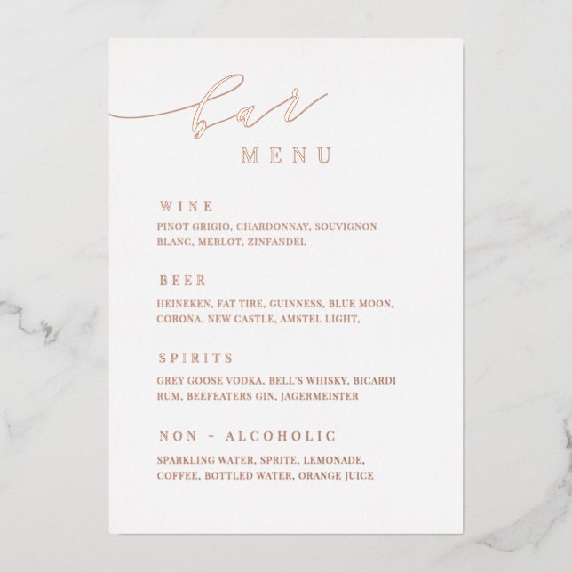 Rose Gold Wedding Bar Menu Reception Table Sign (Front)
