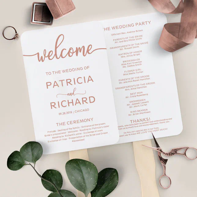 Rose Gold Program Rose Gold Wedding Ceremony Program Hand Fan | Zazzle