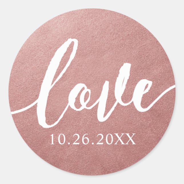 Rose Gold Wedding Favour Sticker Date & Love Scrip (Front)