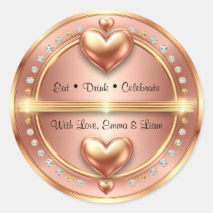 🌸 Rose Gold Wedding Favour with Hearts 💖 Classic Round Sticker