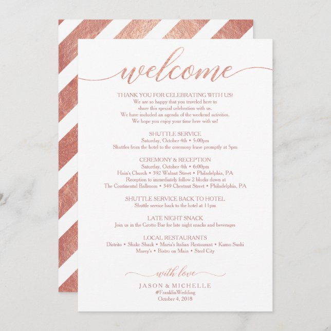 Rose Gold Wedding Itinerary - Wedding Welcome Invitation (Front/Back)