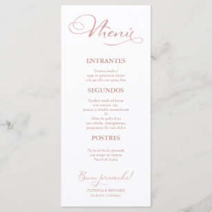Rose Gold Wedding Menu Spanish Wording