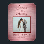 Rose Gold Wedding Photo Custom Save the Date Magnet<br><div class="desc">Gift your friends and loved ones this special Rose Gold Custom Wedding Photo Save the Date Magnet with cool burgundy brushed metal effect and a spot to add a picture of the wedding couple! Created with no blush pink filter in case you don't desire it! Customise it with your nuptial...</div>