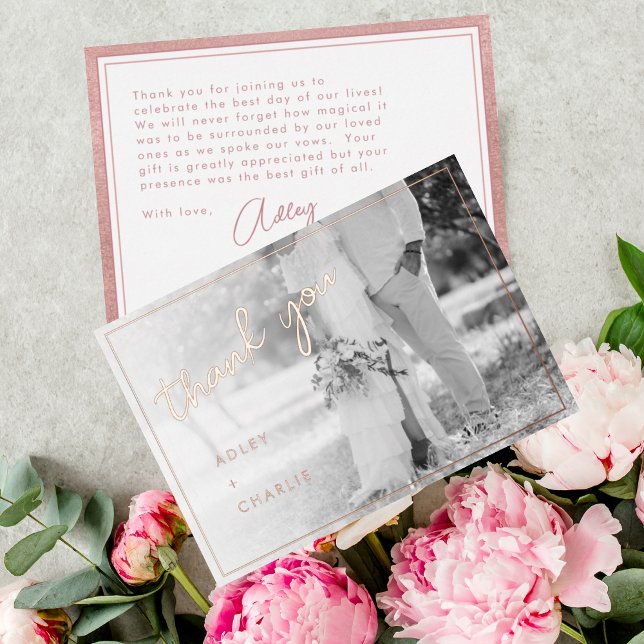 Rose Gold Wedding Photo Thank You Foil Holiday Card (Creator Uploaded)