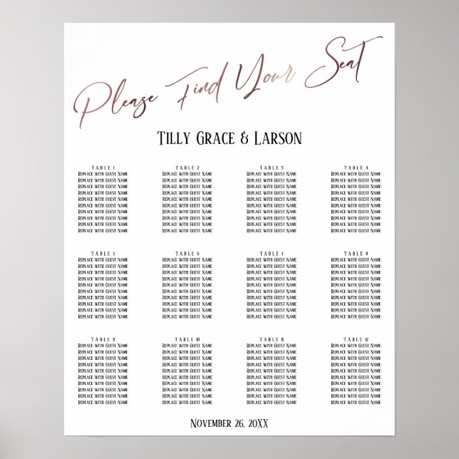 Rose Gold Wedding Reception Seating Chart (Front)